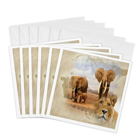3drose, Out of Africa Map Background and Elephant Herd and Lions, 6 Greeting Cards with Envelopes