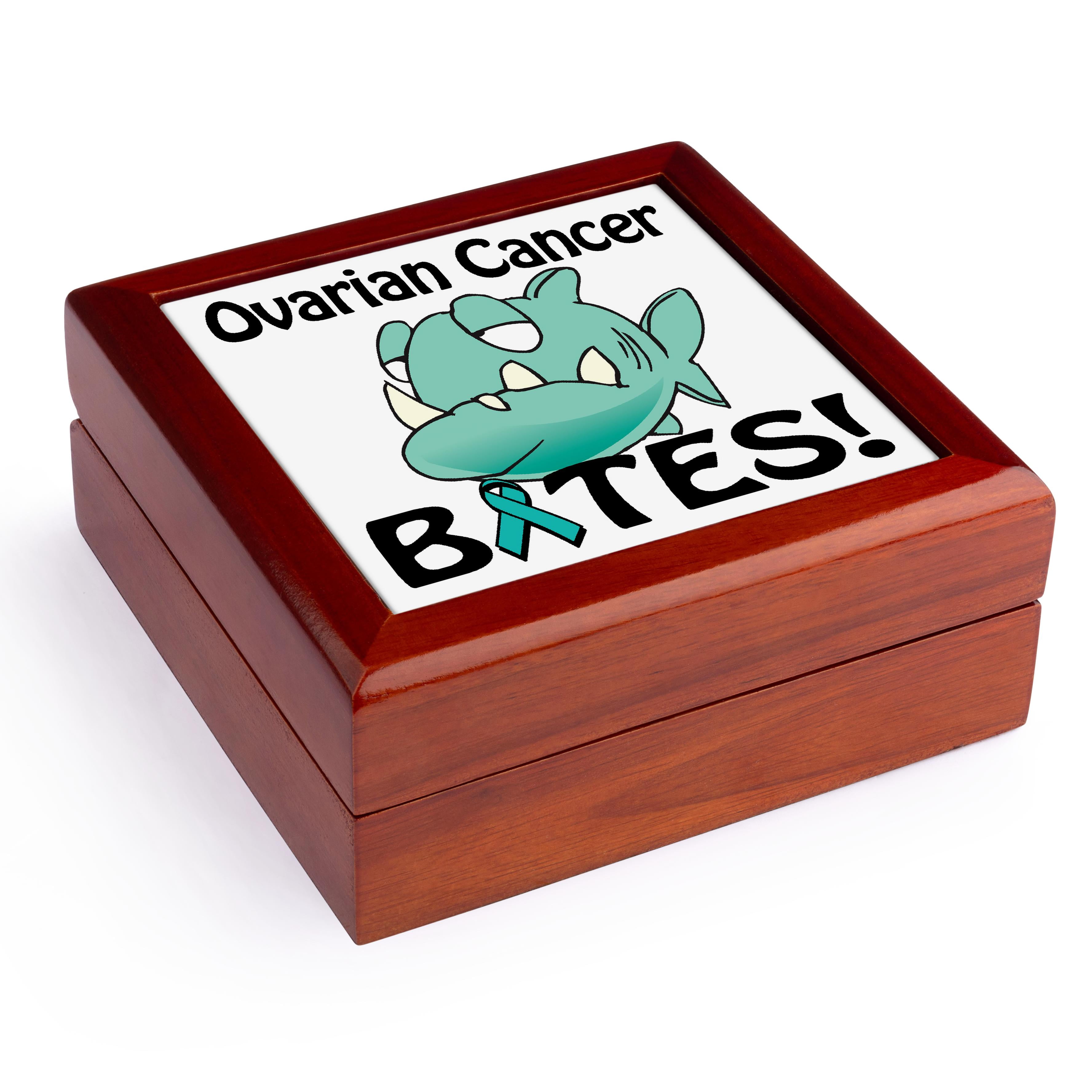 3dRose, Ovarian Cancer Bites Awareness Ribbon Cause Design, Jewelry Box 5.5x5.5 inch with 4 inch tile