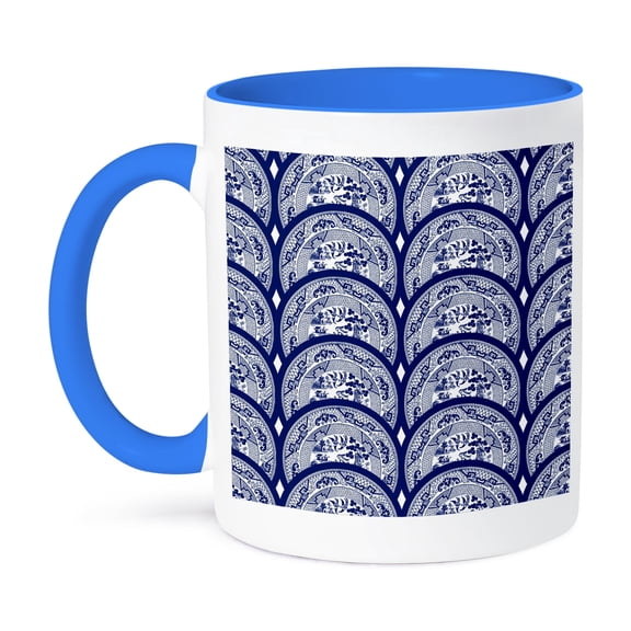 3dRose, Overlapping Willow Pattern Plates in Blue and White, 11oz Two-Tone Blue Mug