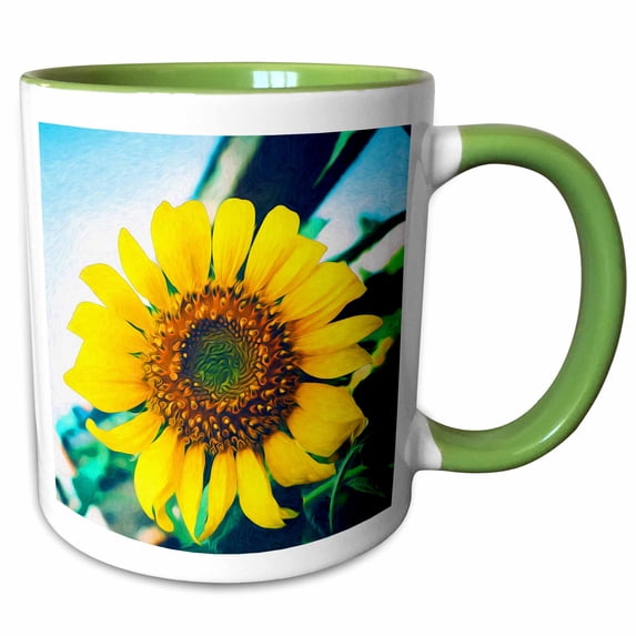 3drose, Oversized Sunflower - Macro Perspective Golden Sunflower in Nature, 15oz Two-tone Green Mug