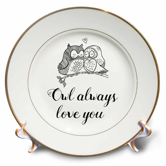 3dRose, Owl always love you with a pair of owls. Black on white background., 8 inch Porcelain Plate