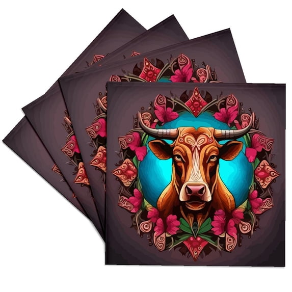 3drose, Ox Surrounded by a Wreath of Red Clover Tattoo Style Art, Set of 4 Ceramic Tile Coasters