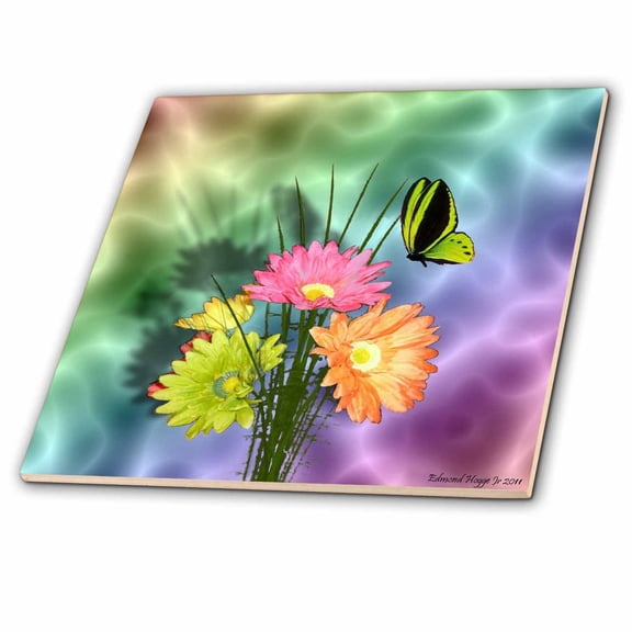 3dRose, Painted Daisys and Butterflies, 8 Inch Ceramic Tile