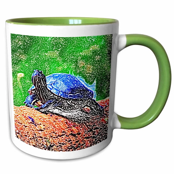 3drose, Painted Turtle on Log Watercolor Effect, 15oz Two-tone Green Mug