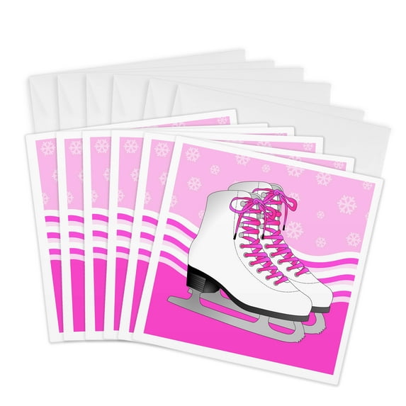 3drose, Pair of Pink Ice Skates on Snowflake Background, 6 Greeting Cards with Envelopes