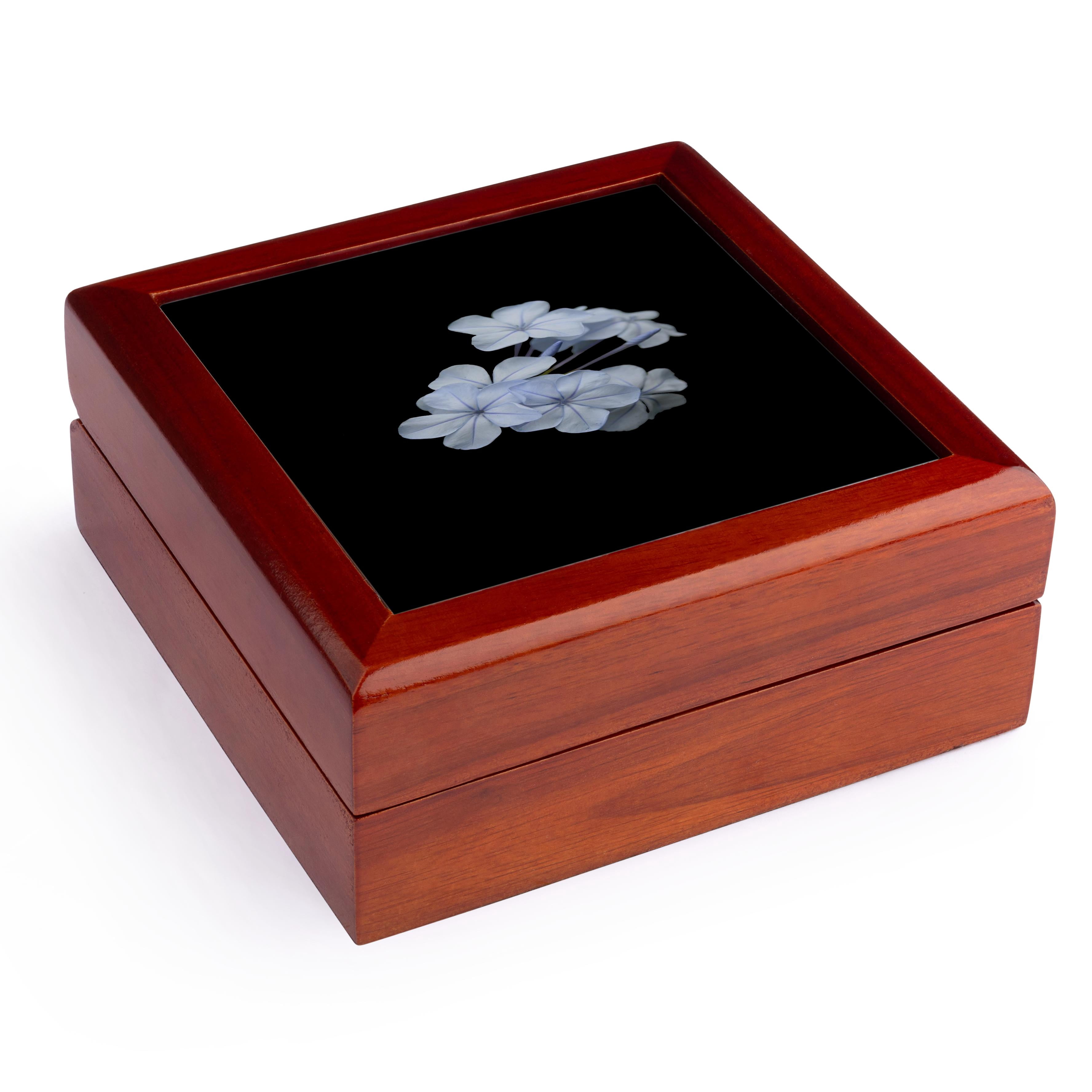3dRose,  Pale Blue Plumbago Tropical Flower Photograph, Jewelry Box 5.5x5.5 inch with 4 inch tile