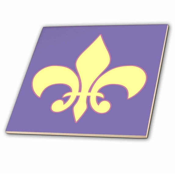 3dRose, Pale Canary Yellow Fleur-de-lis outlined purple, lavender background, 6 Inch Ceramic Tile