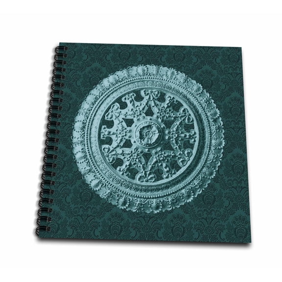 3dRose, Pale teal green ornate vintage architectural element on dark teal green damask background, Drawing Book 8 x 8 inch
