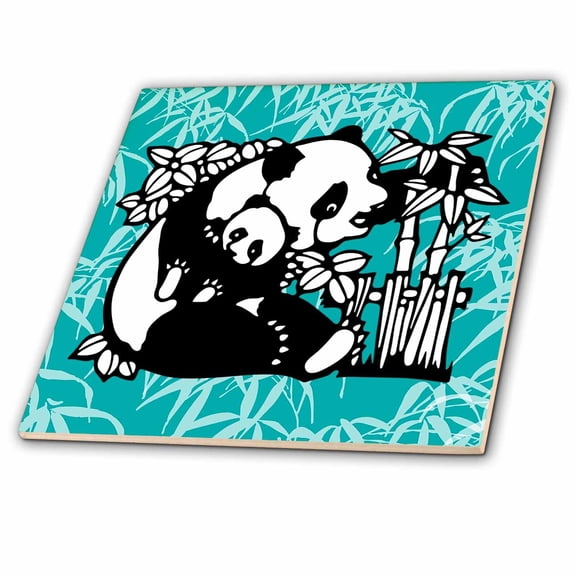 3dRose, Panda and Baby on Teal Blue Background, 6 Inch Ceramic Tile