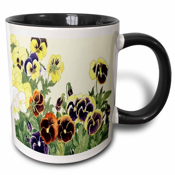 3drose, Pansy, Spring Flowers in Yellow, Purple, White and Orange, 15oz Two-tone Black Mug