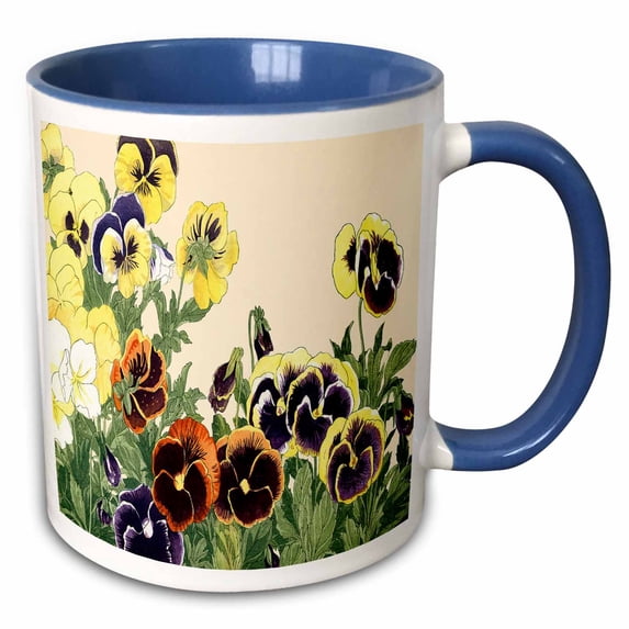 3drose, Pansy, Spring Flowers in Yellow, Purple, White and Orange, 15oz Two-tone Blue Mug