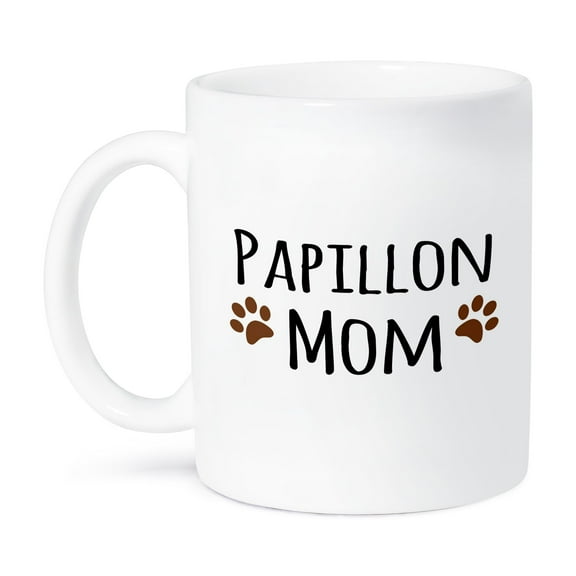 3dRose, Papillon Dog Mom - Doggie by breed - muddy brown paw prints - doggy lover proud pet owner mama love, 11oz Mug