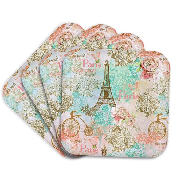 3dRose, Paris Eiffel Tower Vintage Pastel Pattern , Set of 4 Coasters - Soft