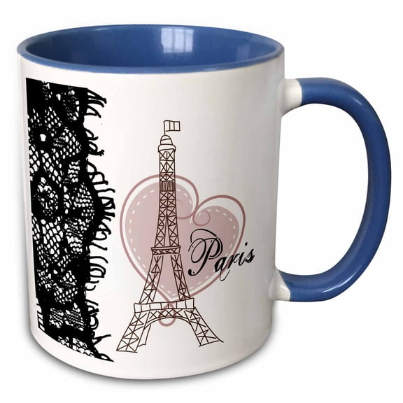 3drose, Paris Eiffel Tower with Heart and Black Lace, 15oz Two-tone Blue Mug