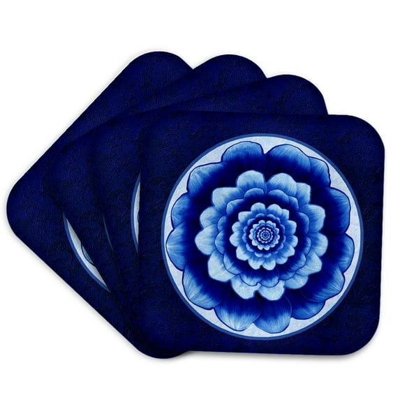 3drose, Pastel Blue and Cobalt Fantasy Mandala Flower on Royal Blue Background, Set of 4 Coasters - Soft