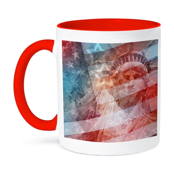 3dRose, Patriotic Lady Liberty digital collage features the Statue of Liberty and American flag, 11oz Two-Tone Red Mug