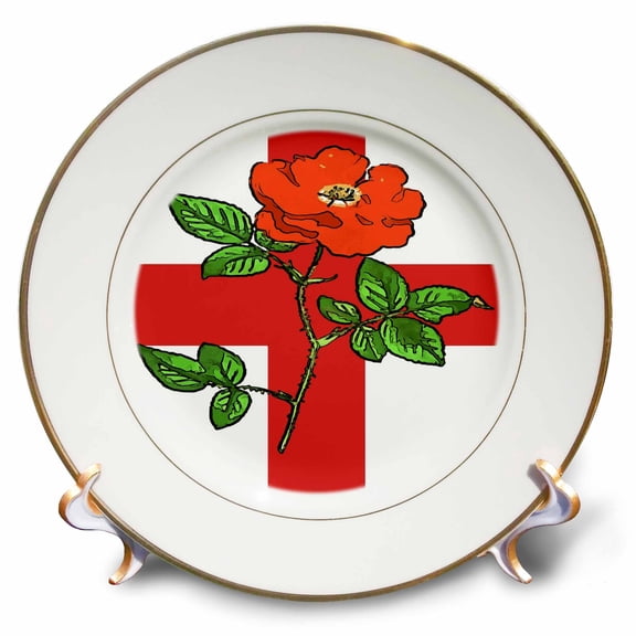 3dRose, Patriotic St George Cross and English Tudor rose, 8 inch Porcelain Plate