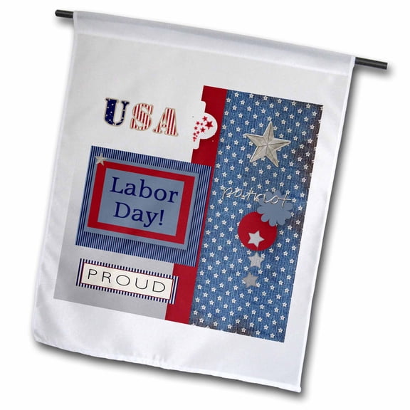 3dRose, Patriotic Stars and Words in Blue, Silver, White and Red, Labor Day, 12 x 18 inch Garden Flag