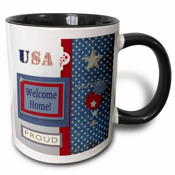3drose, Patriotic Stars and Words in Blue, Silver, White and Red, Welcome Home, 11oz Two-tone Black Mug