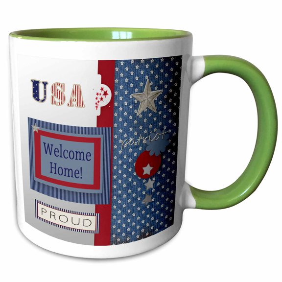 3drose, Patriotic Stars and Words in Blue, Silver, White and Red, Welcome Home, 11oz Two-tone Green Mug