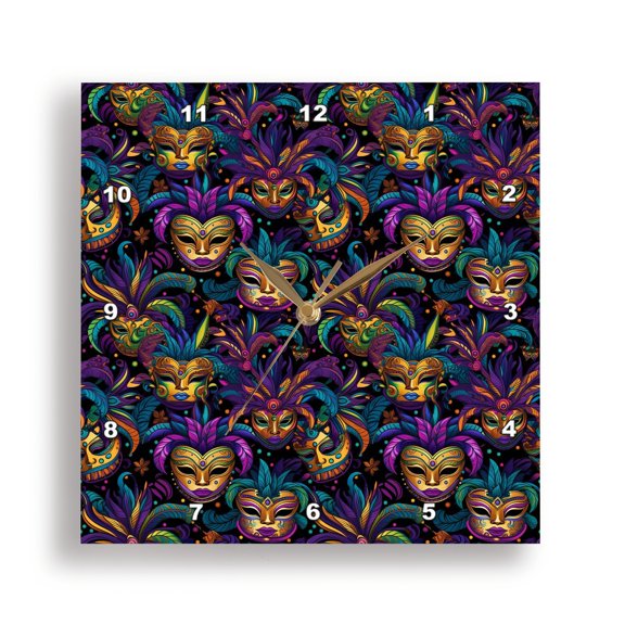 3dRose, Pattern of Oriental Mardi Gras masks of yellow color, purple feathers, 15x15 Wall Clock