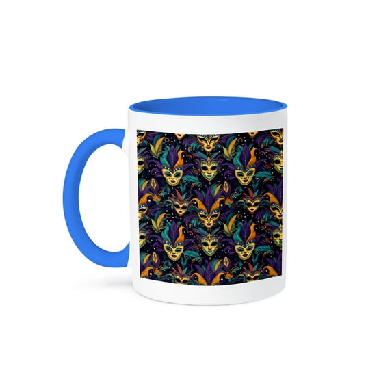 3drose, Pattern of Funny Mardi Gras Masks and Feathers, Awesome Gift for All, 11oz Two-tone Blue Mug