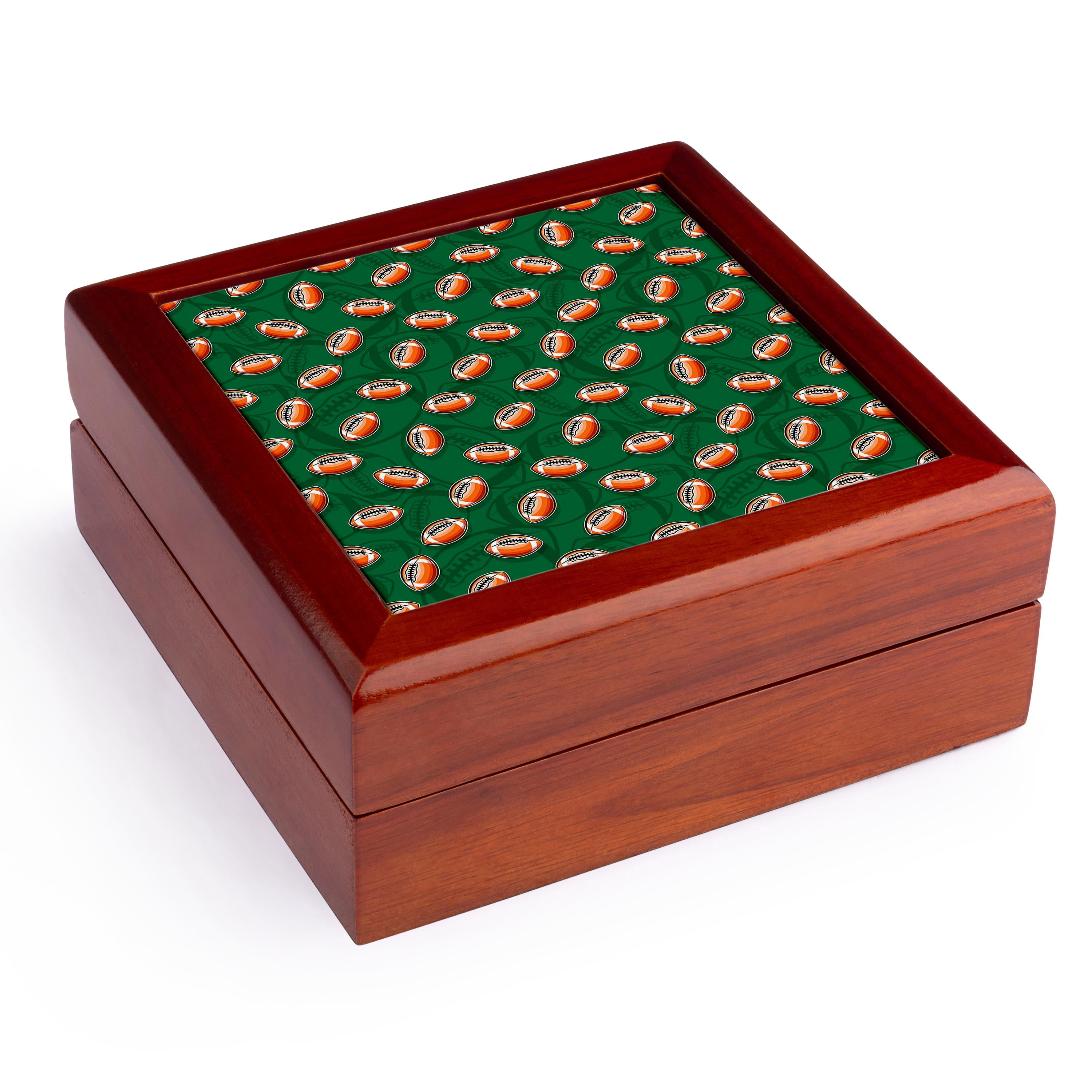 3dRose, Pattern of orange football balls on dark green, awesome gift for him, Jewelry Box 5.5x5.5 inch with 4 inch tile