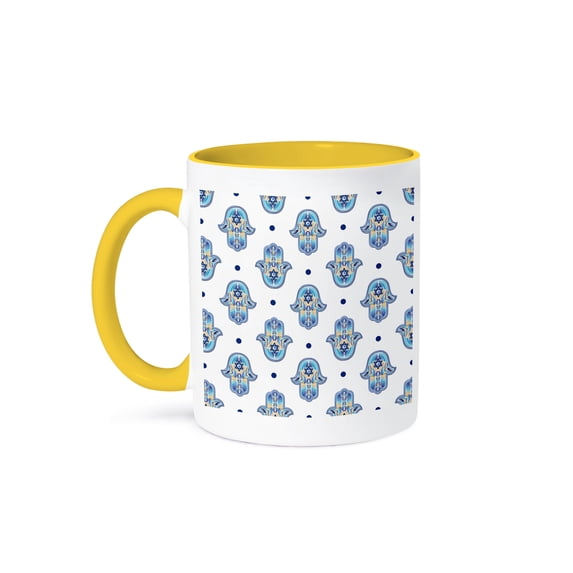 3dRose, Pattern of the Hamsa or hand with the Star of David inside on white, 15oz Two-Tone Yellow Mug