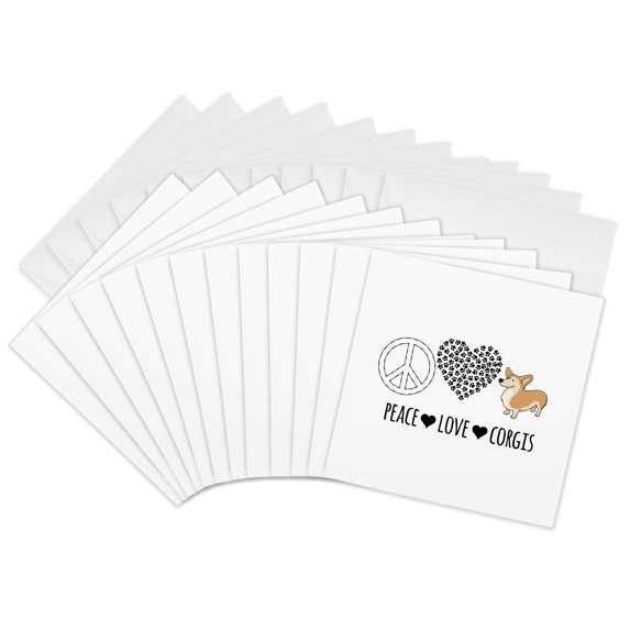 3drose, Peace Love Corgis with Peace Sign, Paw Heart, and Corgi Clip Art., 12 Greeting Cards with Envelopes