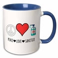thumbnail image 1 of 3drose, Peace Love Sanitize Peace Sign, Red Heart, and Hand Sanitizer Clip Art, 11oz Two-tone Blue Mug, 1 of 6