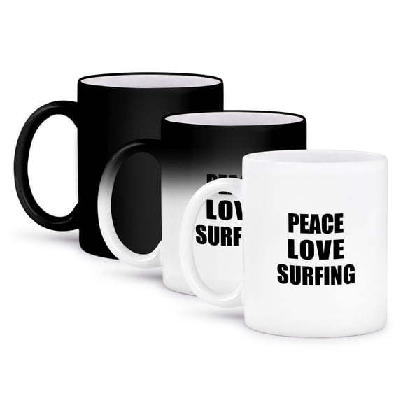 3dRose, Peace Love and Surfing. Things that make me happy - Surf - Surfer gift, 11oz Magic Transforming Mug