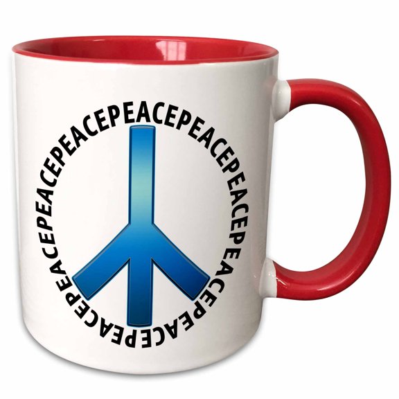 3drose, Peace Sign 1 Shows a Blue Peace Sign with Peace Text Repeating as an Outer Circle, 11oz Two-tone Red Mug