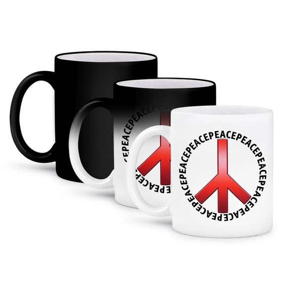 3dRose, Peace Sign 3 shows a red peace sign with peace text repeating as an outer circle, 11oz Magic Transforming Mug