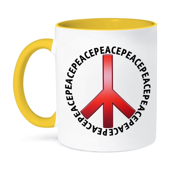 3dRose, Peace Sign 3 shows a red peace sign with peace text repeating as an outer circle, 11oz Two-Tone Yellow Mug