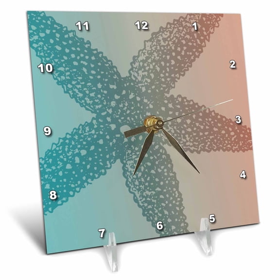 3dRose, Peach Aqua Starfish marine life beach theme, 6x6 Desk Clock
