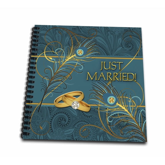 3dRose, Peacock Just Married Wedding Rings in Teal and Gold, Drawing Book 8 x 8 inch