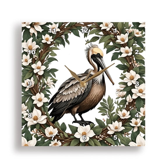3dRose, Pelican Bird Surrounded By Magnolia Flowers, 13x13 Wall Clock