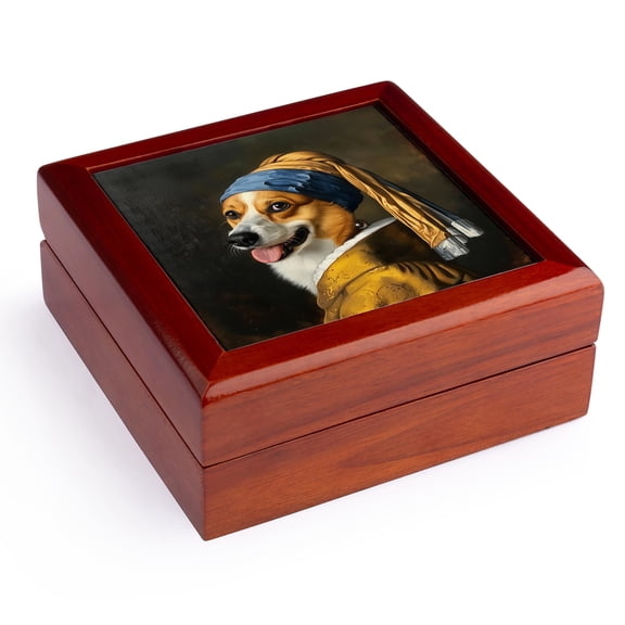 3dRose, Pembroke Welsh Corgi with pearl earring Golden Age Painting, Jewelry Box 5.5x5.5 inch with 4 inch tile