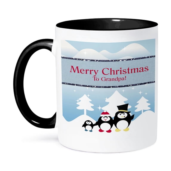 3dRose, Penguin Family on a Winters Day, Merry Christmas, Grandpa, 15oz Two-Tone Black Mug