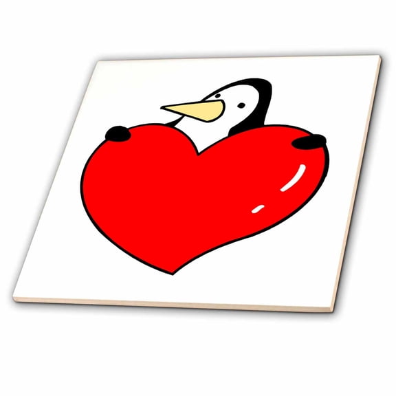 3dRose, Penguin holding red heart cute design, 6 Inch Ceramic Tile