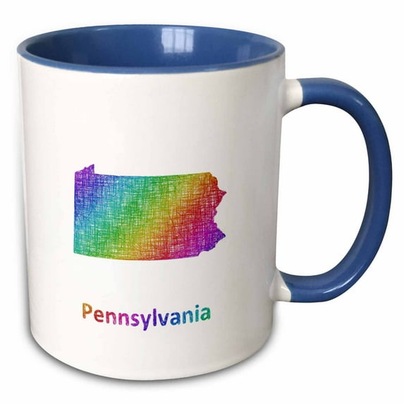 3drose, Pennsylvania State Map - Rainbow Sketch Design, 15oz Two-tone Blue Mug