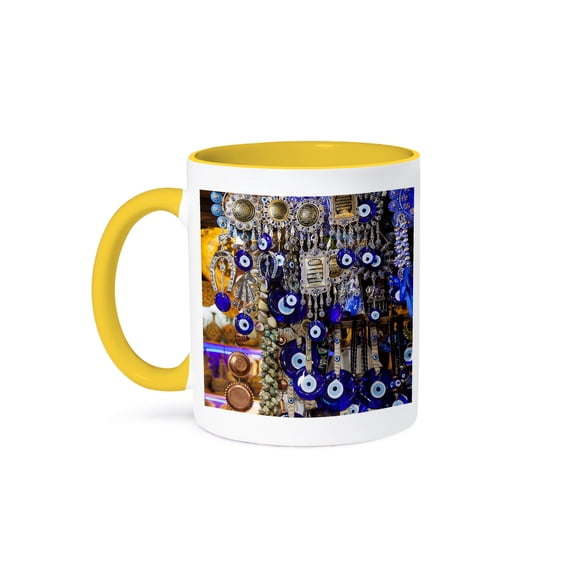 3dRose, Persia, Shiraz, Bazar-E Vakil Market, Traditional Nazar Souvenirs, 15oz Two-Tone Yellow Mug