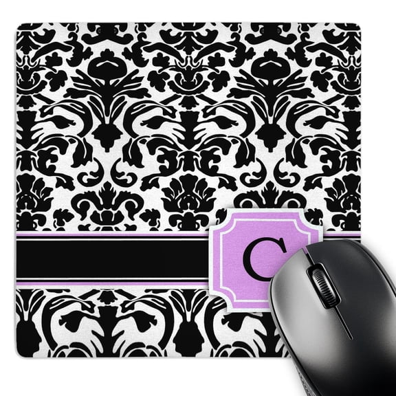 3dRose, Personal initial C monogrammed pink black and white damask pattern girly stylish personalized letter, MousePad