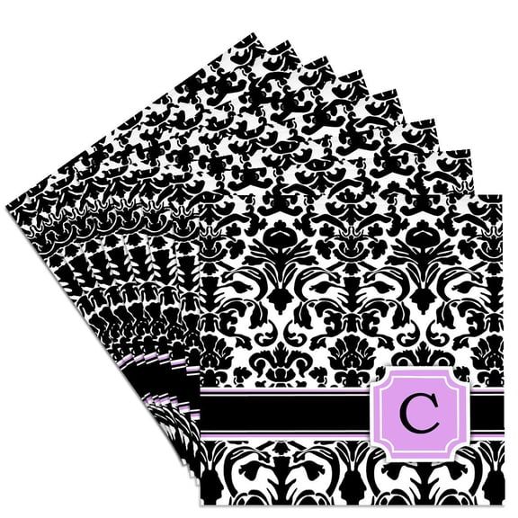 3dRose, Personal initial C monogrammed pink black and white damask pattern girly stylish personalized letter, Set of 8 Ceramic Tile Coasters