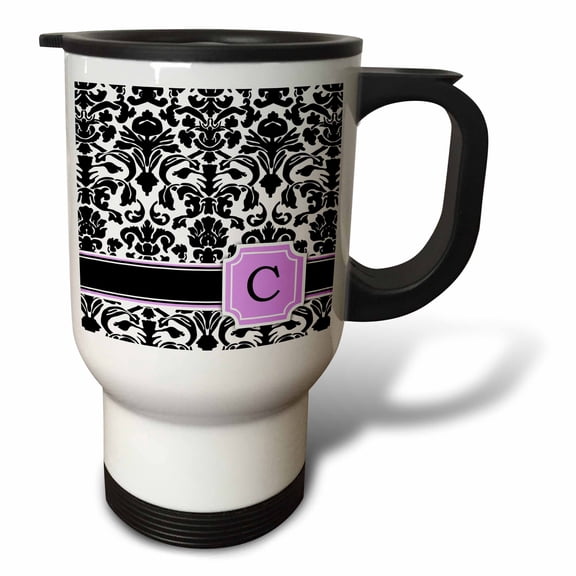3dRose, Personal initial C monogrammed pink black and white damask pattern girly stylish personalized letter, 14oz Stainless Steel Travel Mug