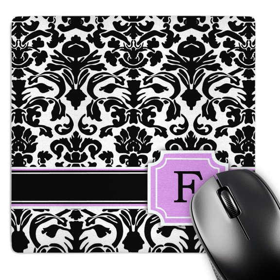 3dRose, Personal initial F monogrammed pink black and white damask pattern girly stylish personalized letter, MousePad