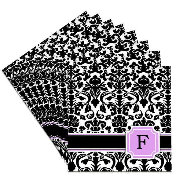 3dRose, Personal initial F monogrammed pink black and white damask pattern girly stylish personalized letter, Set of 8 Ceramic Tile Coasters
