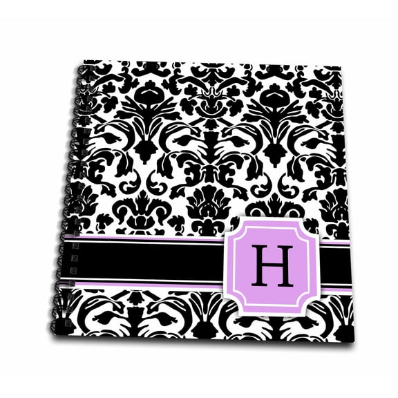 3dRose, Personal initial H monogrammed pink black and white damask pattern girly stylish personalized letter, Memory Book 12 x 12 inch