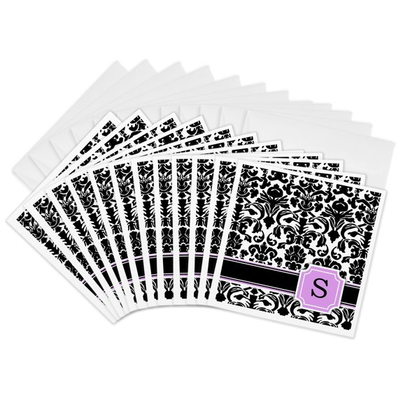 3drose, Personal Initial S Monogrammed Pink Black and White Damask Pattern Girly Stylish Personalized Letter, 12 Greeting Cards with Envelopes