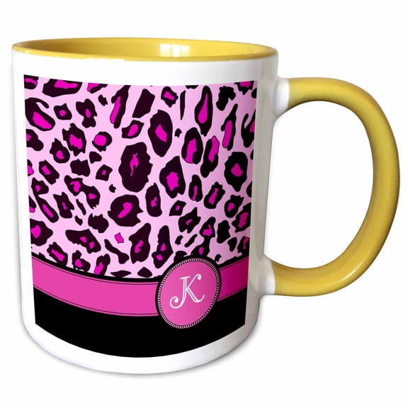 3drose, Personalized Initial K Monogrammed Hot Pink and Black Leopard Pattern Animal Print - Personal Letter, 11oz Two-tone Yellow Mug